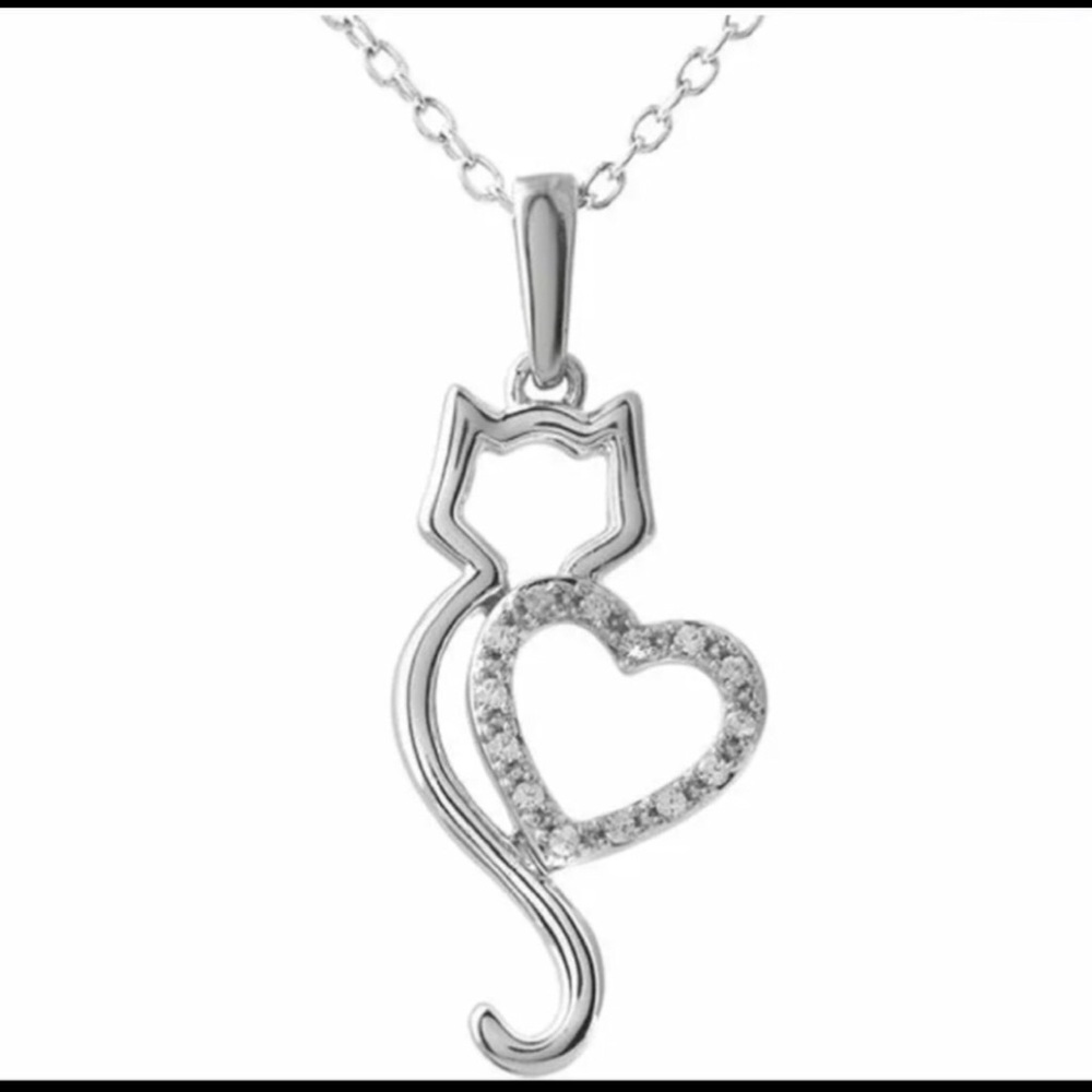 Cute Silver Heart Cat Crystal Fashion Necklace